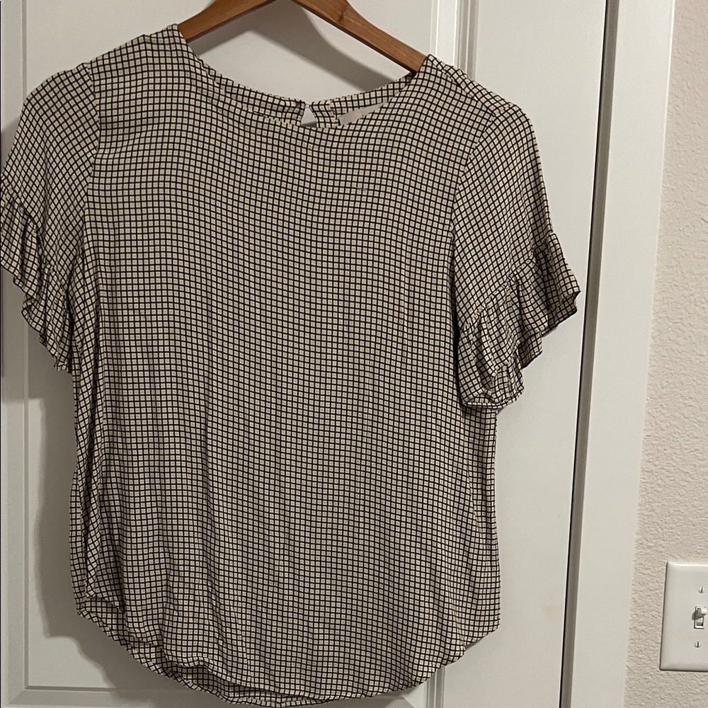 LOFT Checkered Ruffle Sleeve Blouse